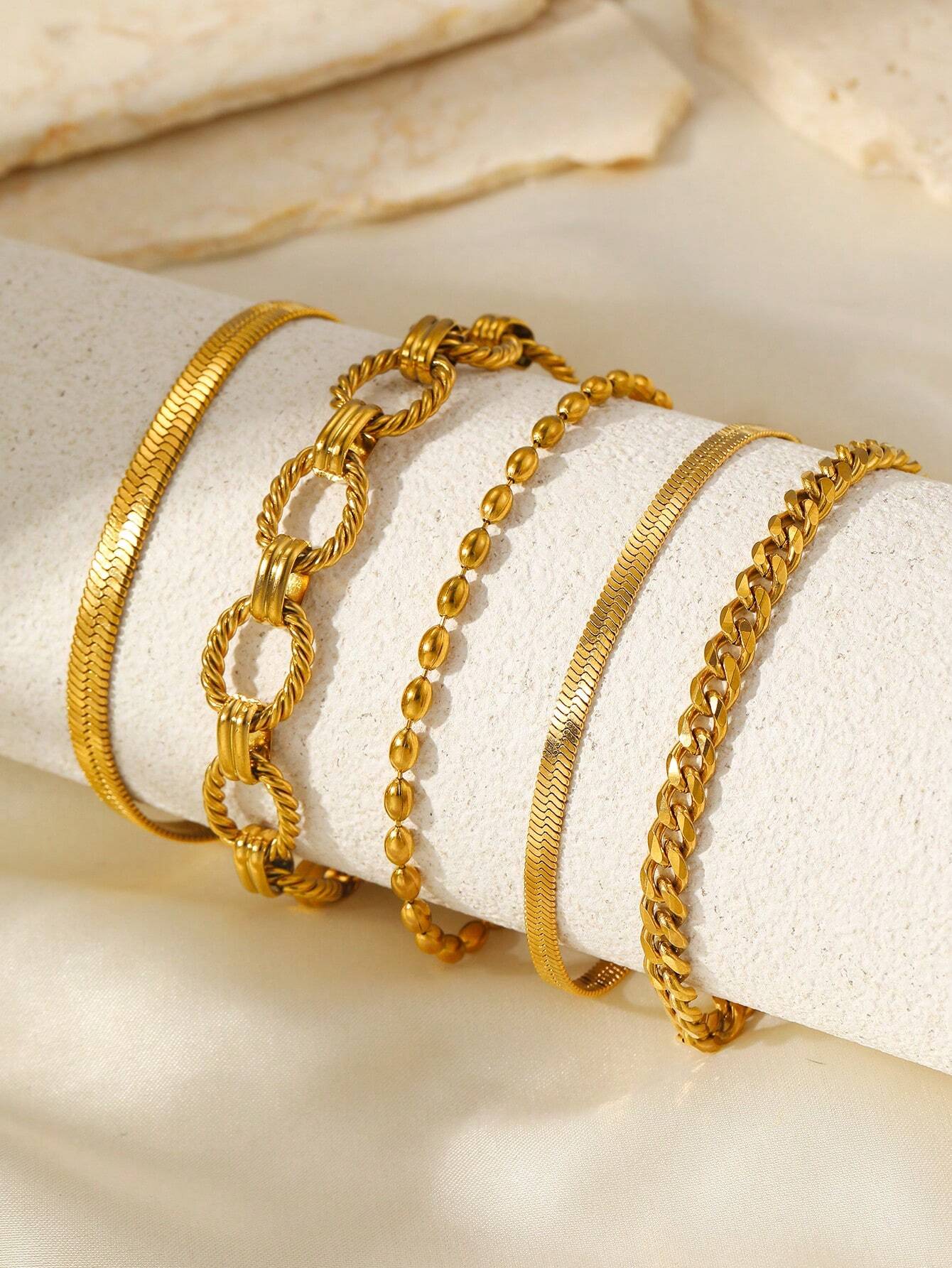 SHEIN 5pcs Stainless Steel Multilayer Chain Bracelet Set Women