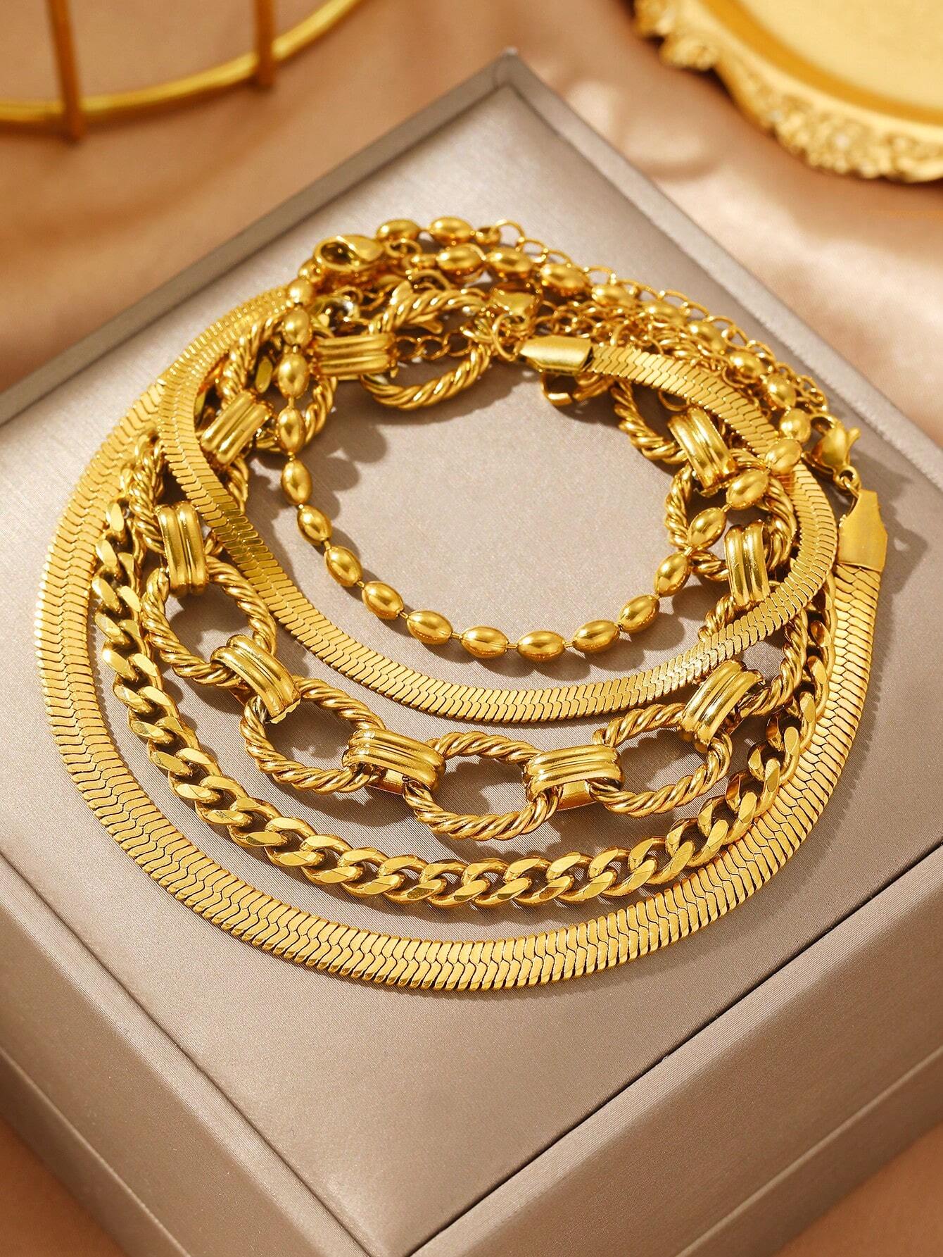 SHEIN 5pcs Stainless Steel Multilayer Chain Bracelet Set Women