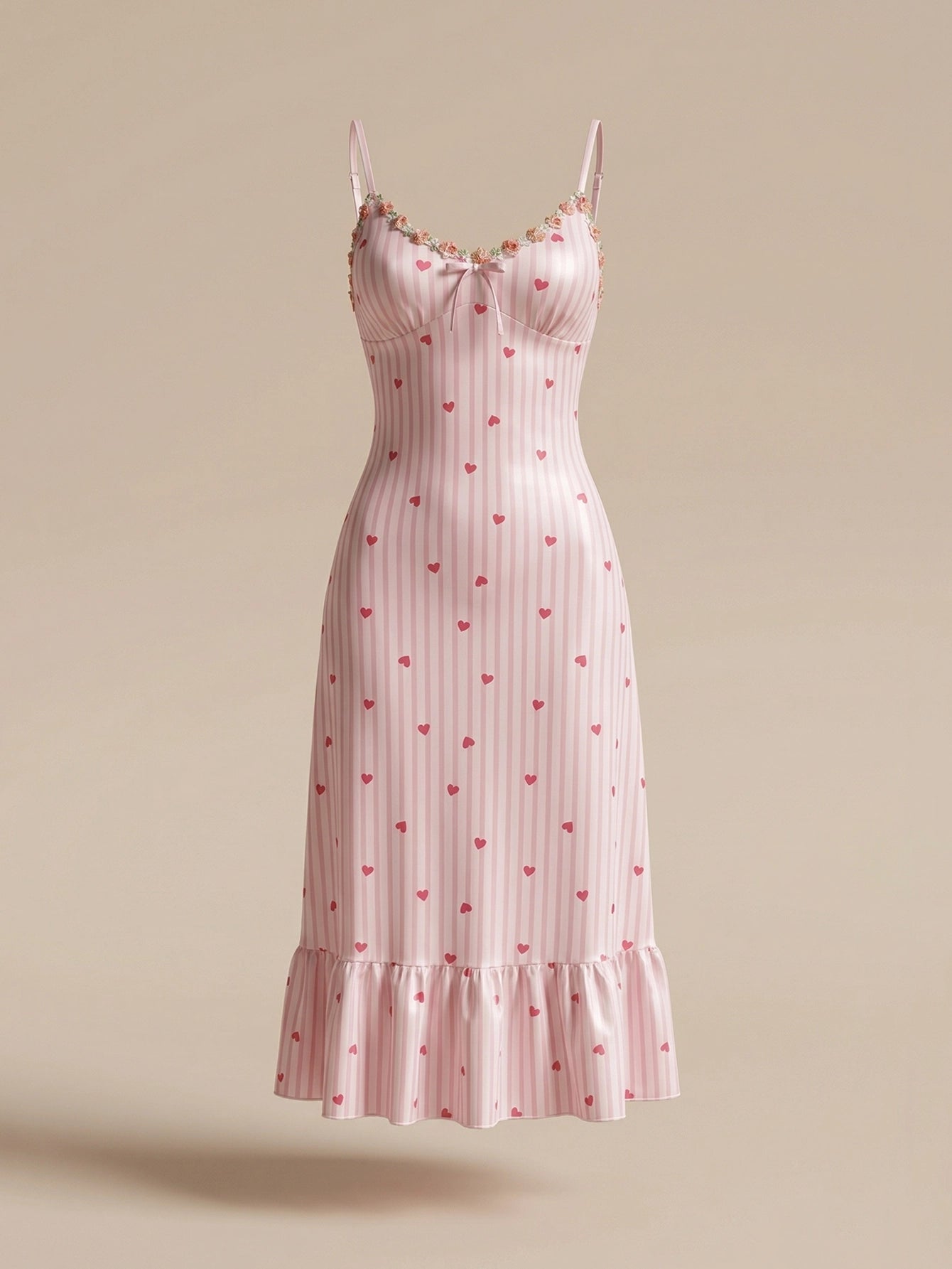 SHEIN Napfluff Women Ruffled Heart Print Floral Strap Nightgown