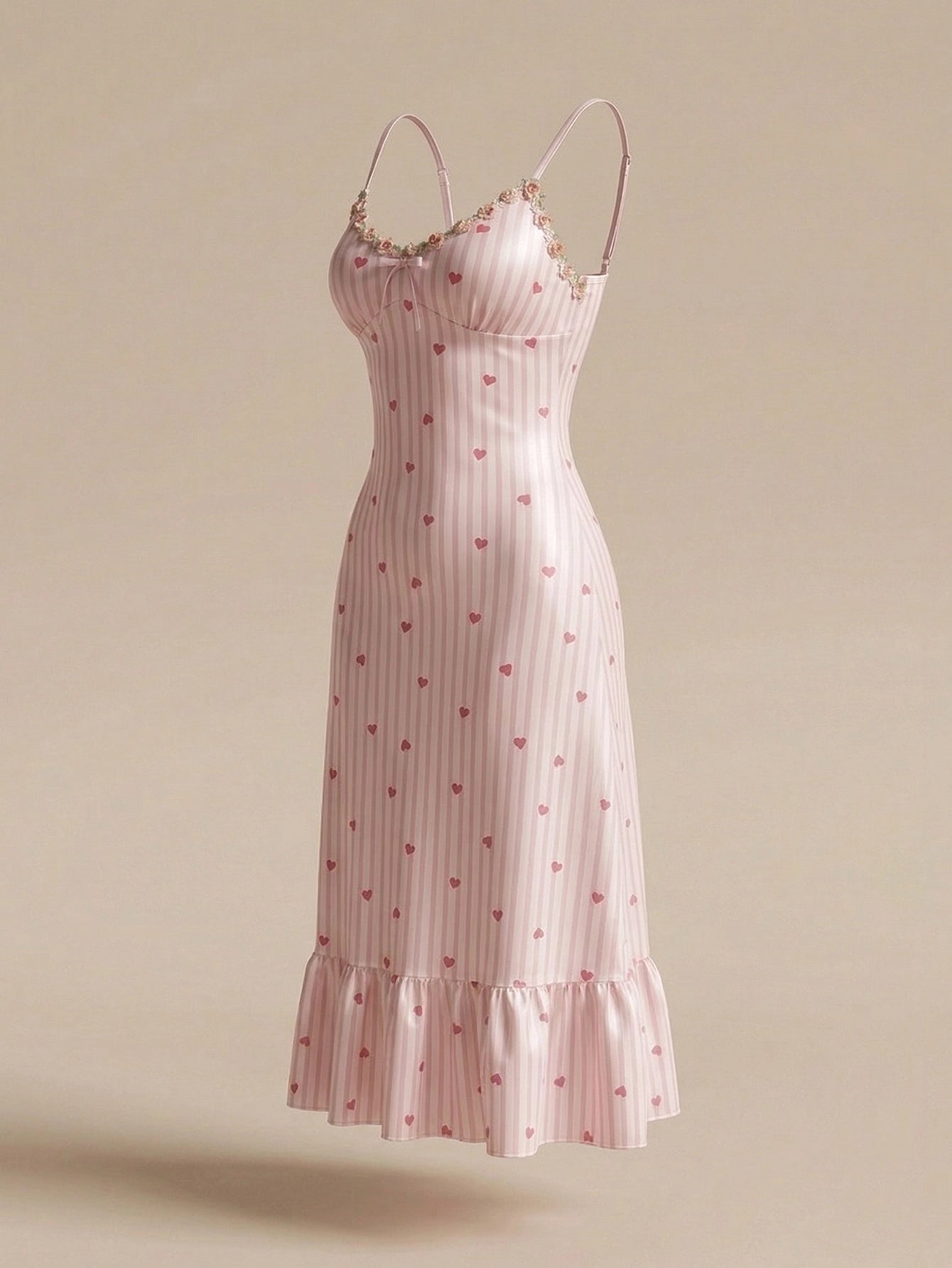 SHEIN Napfluff Women Ruffled Heart Print Floral Strap Nightgown