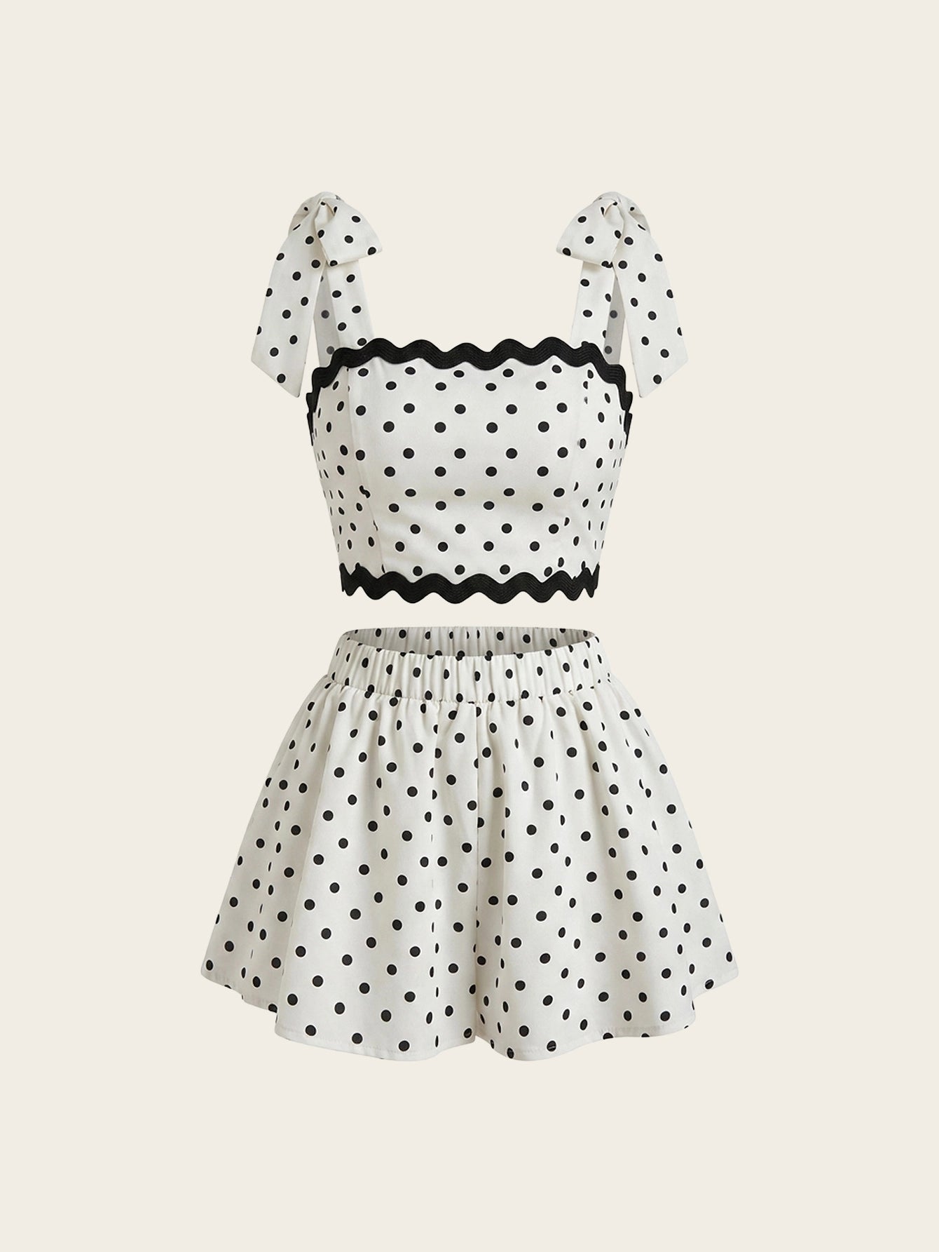 SHEIN Women's Gloray Polka Dot Ruffle Hem Bowknot Crop Top Culottes 2pcs Set
