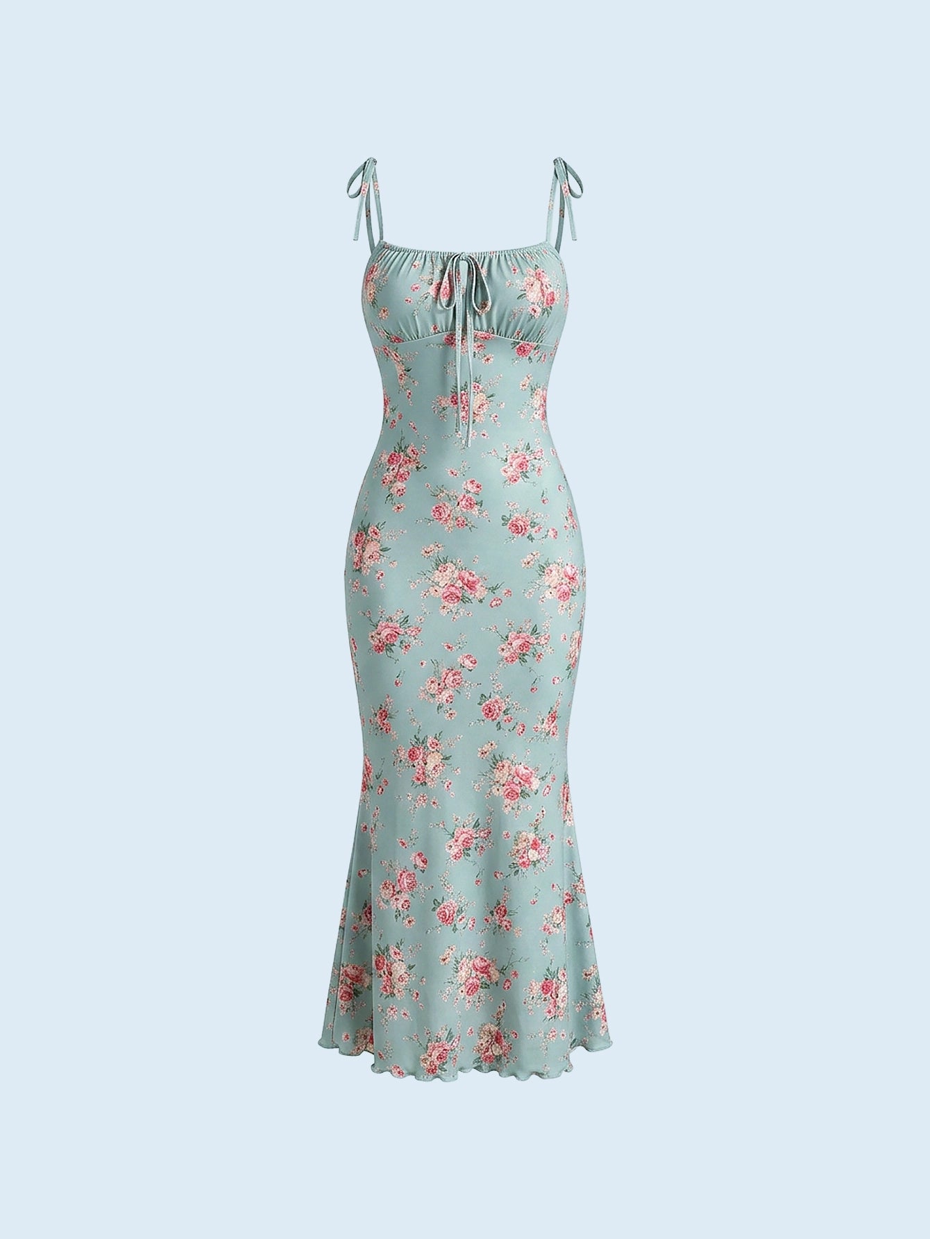 SHEIN Women's CottageSlumber Floral Print Spaghetti Strap Ruched Fishtail Midi Nightdress