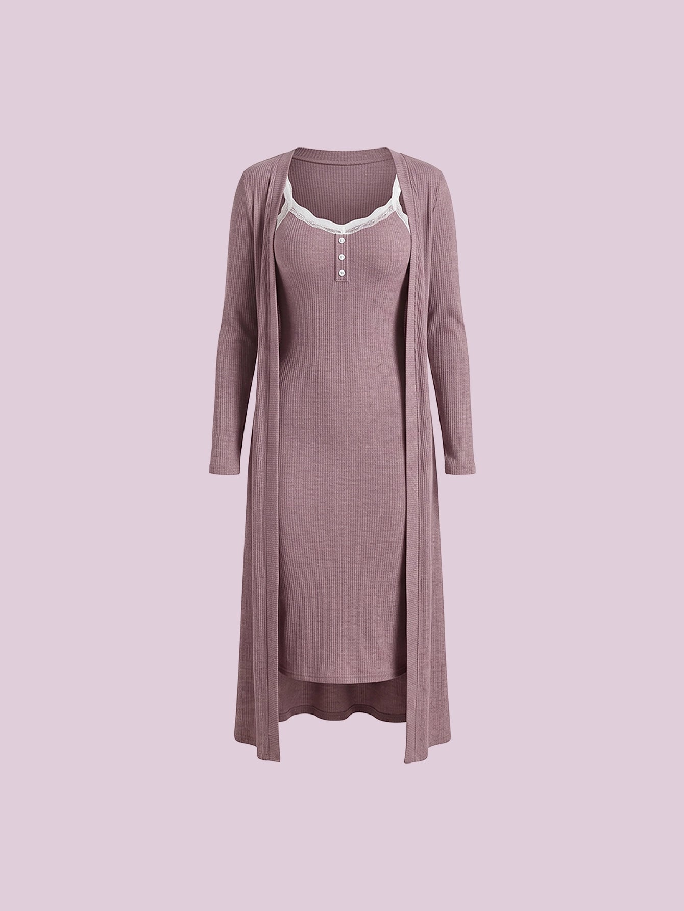 SHEIN Women's Snug Zone Contrast Lace Cami Nightgown With Robe Pajama Set