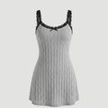 SHEIN Women's Snug Zone Cozy Ribbed Knit Lace Trim Spaghetti Strap Mini Nightgown