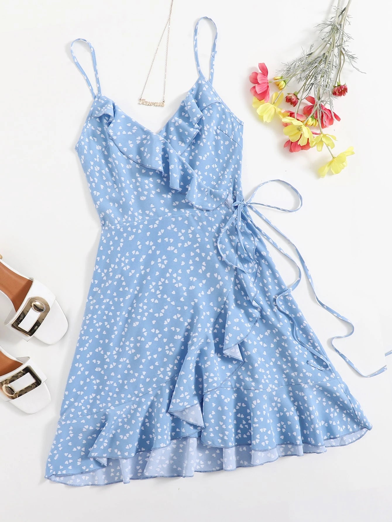 SHEIN Women Heart Print Ruffle Wrap Cami Dress
