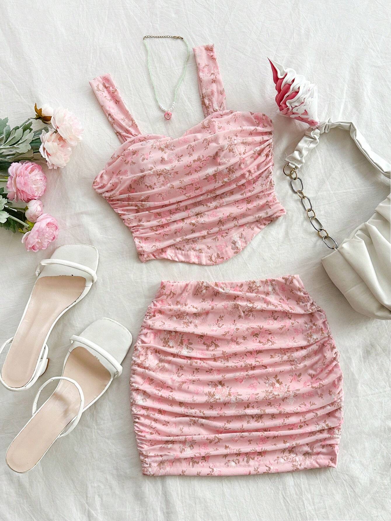 SHEIN Women Pink Floral Bodycon Top And Skirt Set