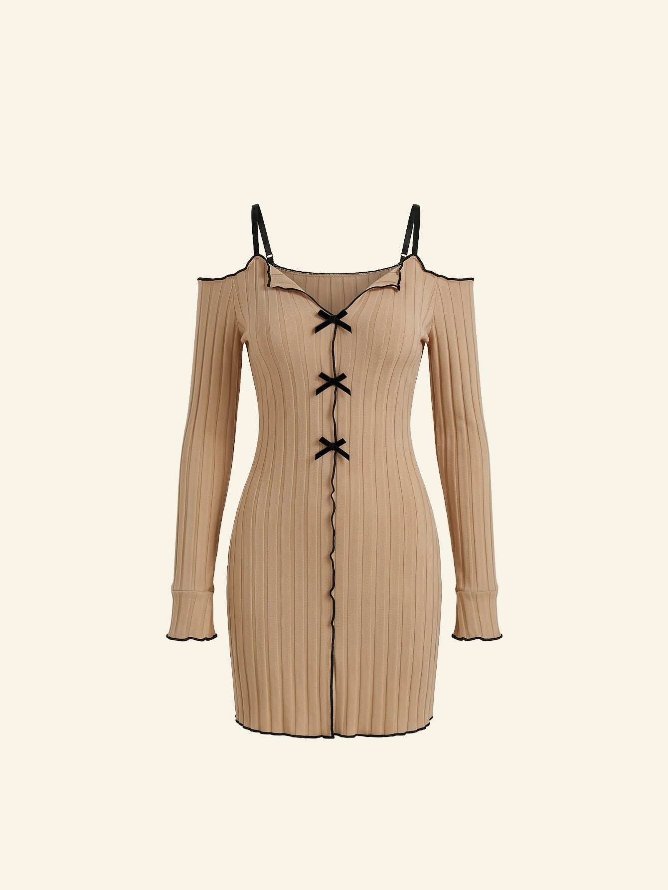 SHEIN Women's Valentine's Ribbed Bow Spaghetti Strap Off Shoulder Long Sleeve Sleep Dress