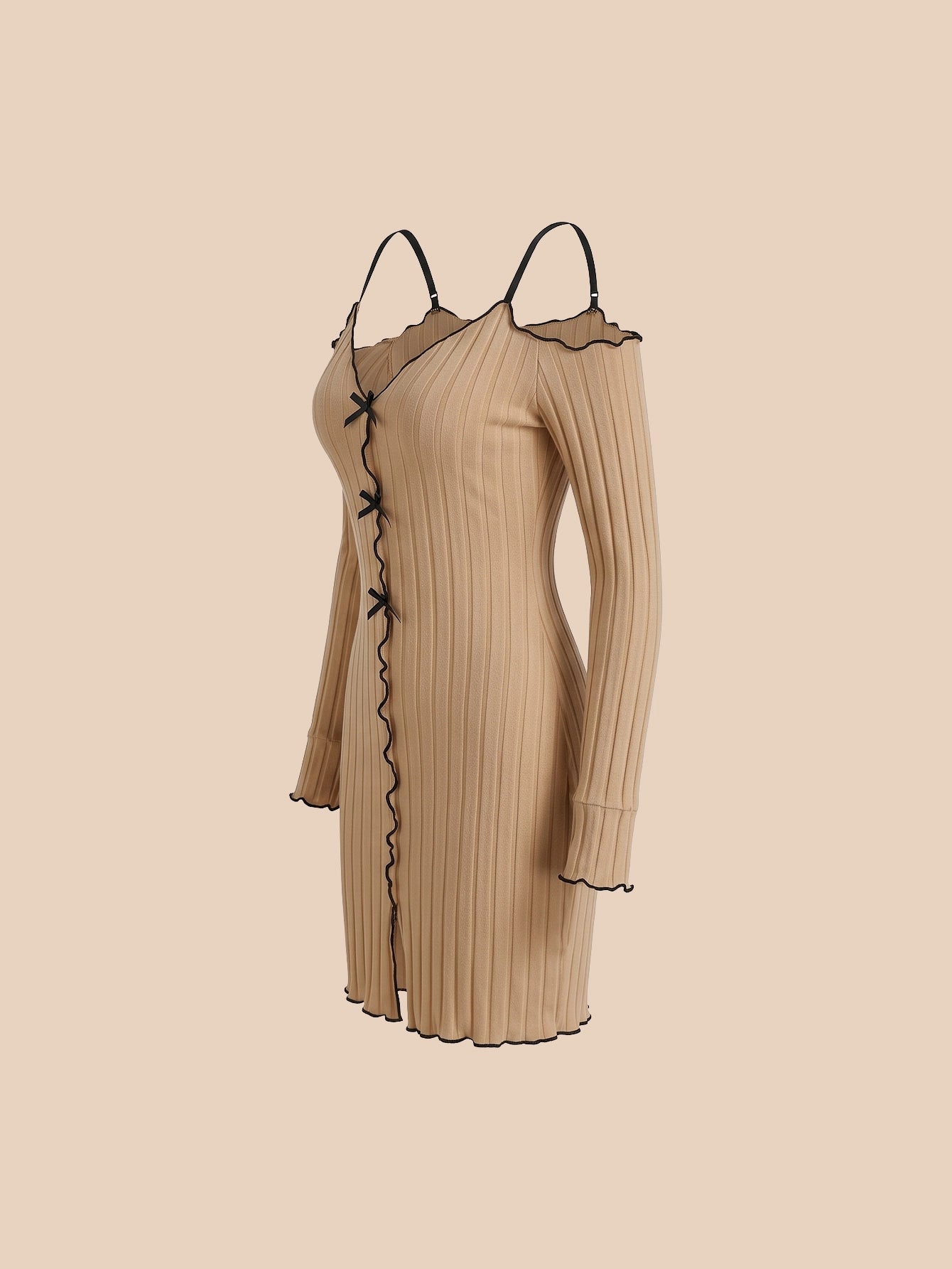 SHEIN Women's Valentine's Ribbed Bow Spaghetti Strap Off Shoulder Long Sleeve Sleep Dress