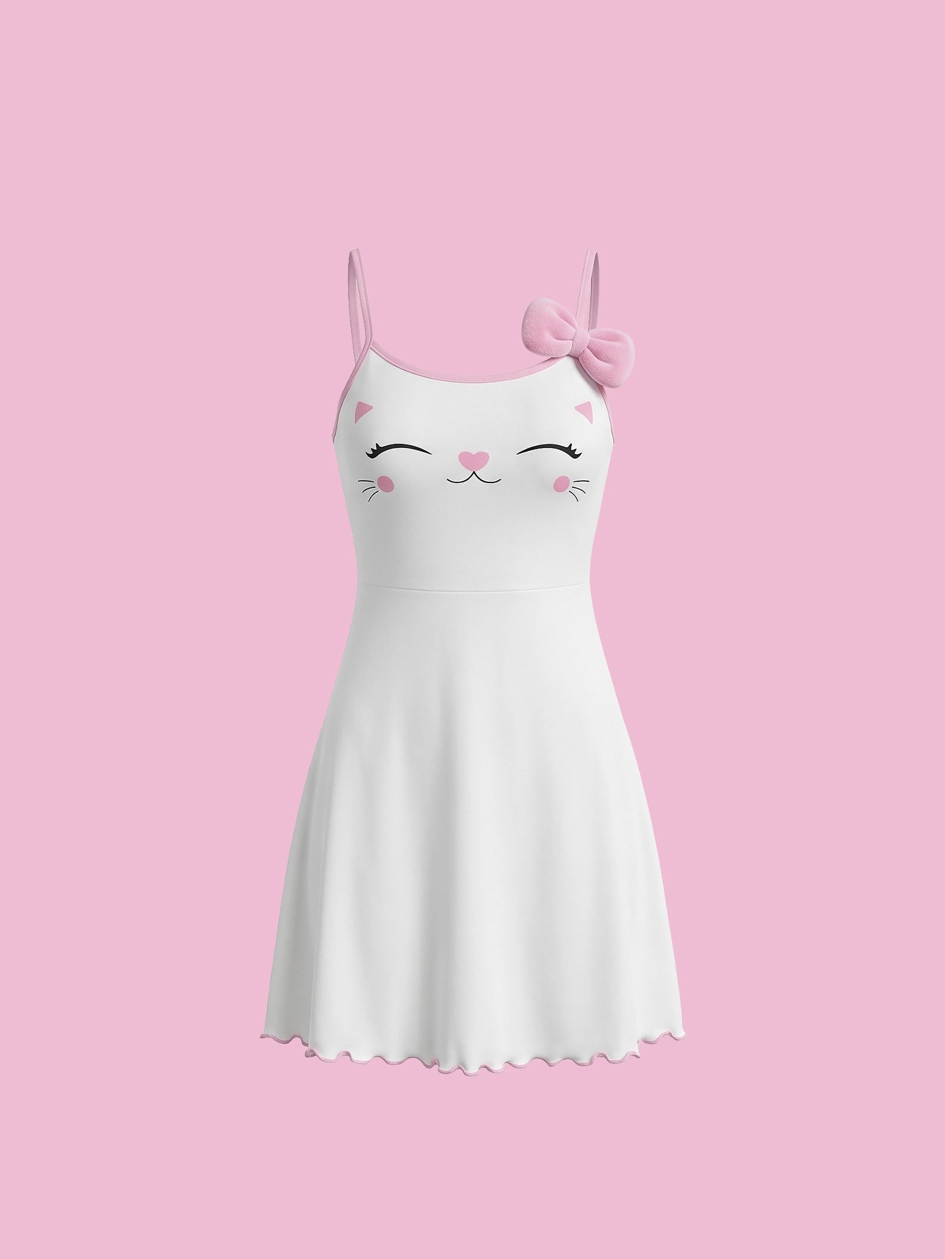 SHEIN Women's SweetSlumber Cat Pattern 3D Bow Decor Nightgown Babydoll