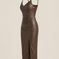 SHEIN Dress Dazy Women's Elegant Solid PU Pleated Spaghetti Strap Midi