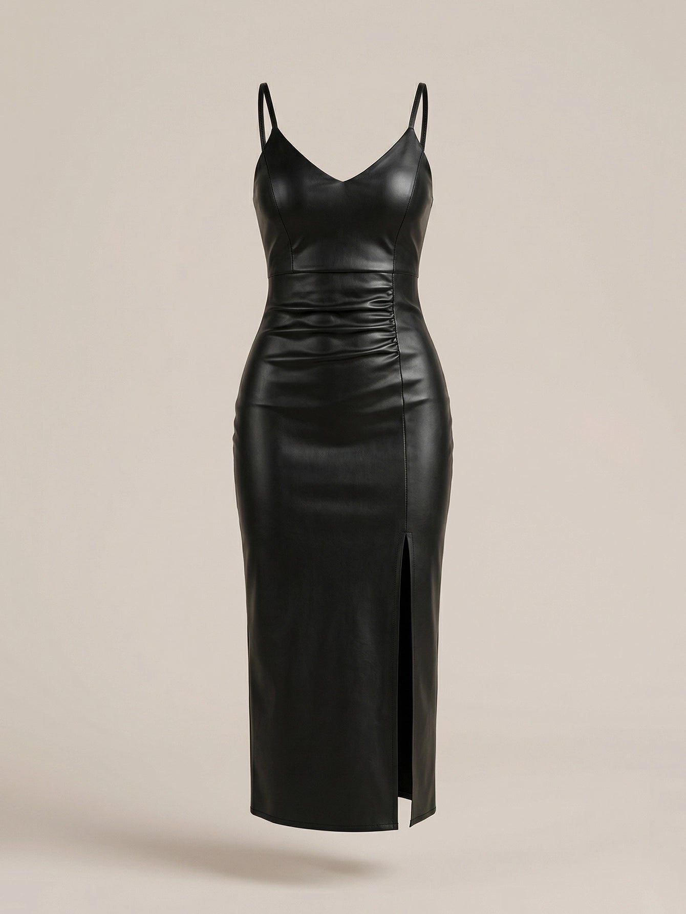 SHEIN Dress Dazy Solid PU Pleated Spaghetti Strap Slit Midi