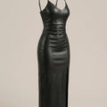 SHEIN Dress Dazy Solid PU Pleated Spaghetti Strap Slit Midi