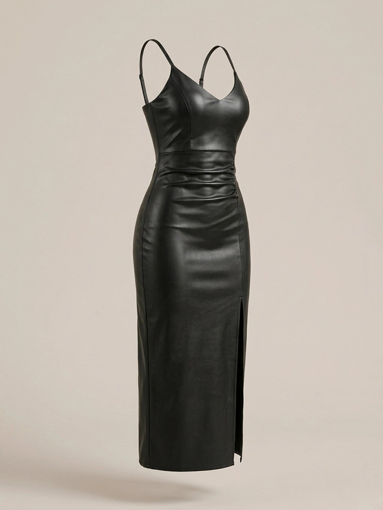 SHEIN Dress Dazy Solid PU Pleated Spaghetti Strap Slit Midi