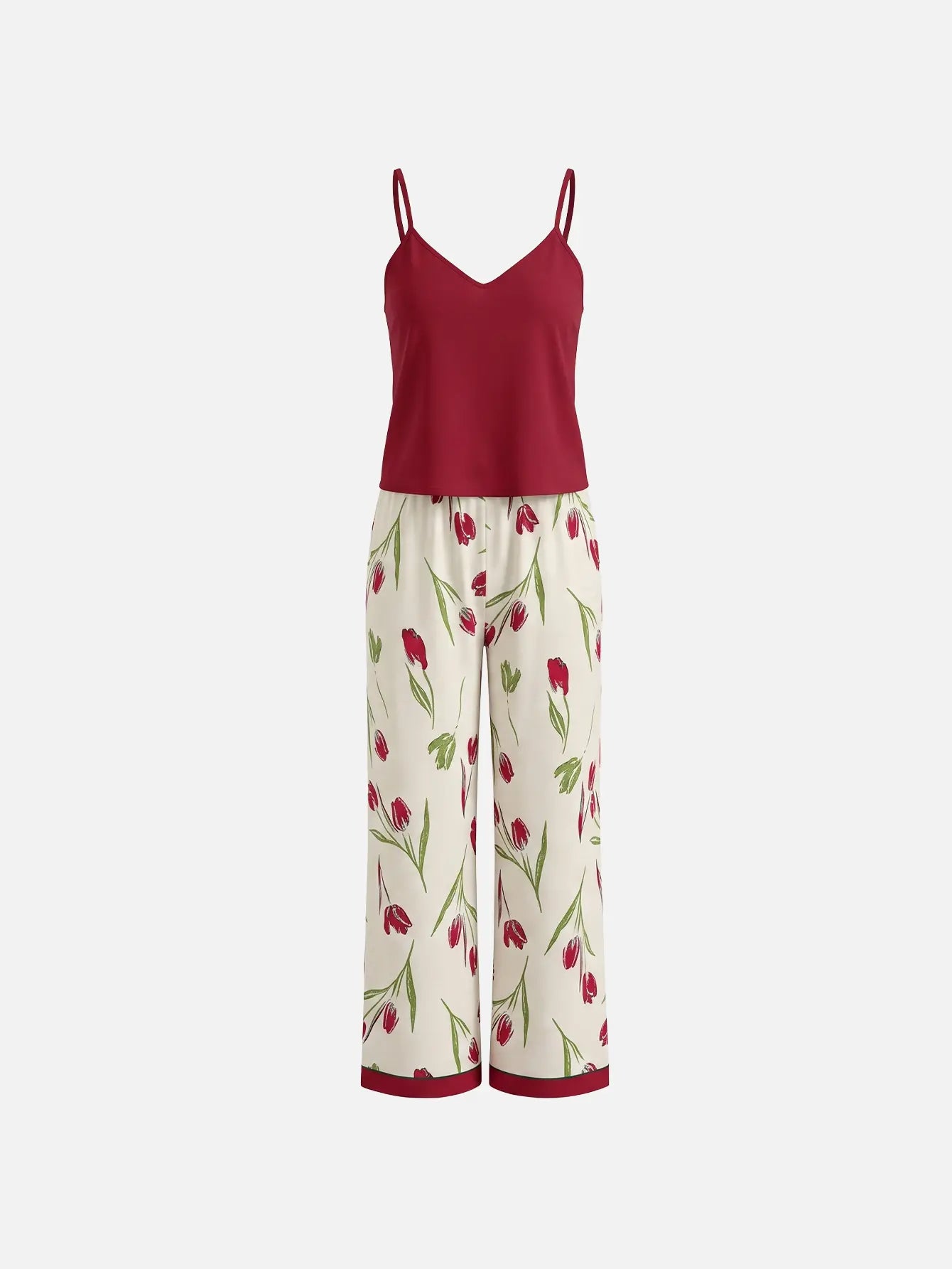 CottageSlumber Red Floral Camisole Pajama Set with Long Pants for Women