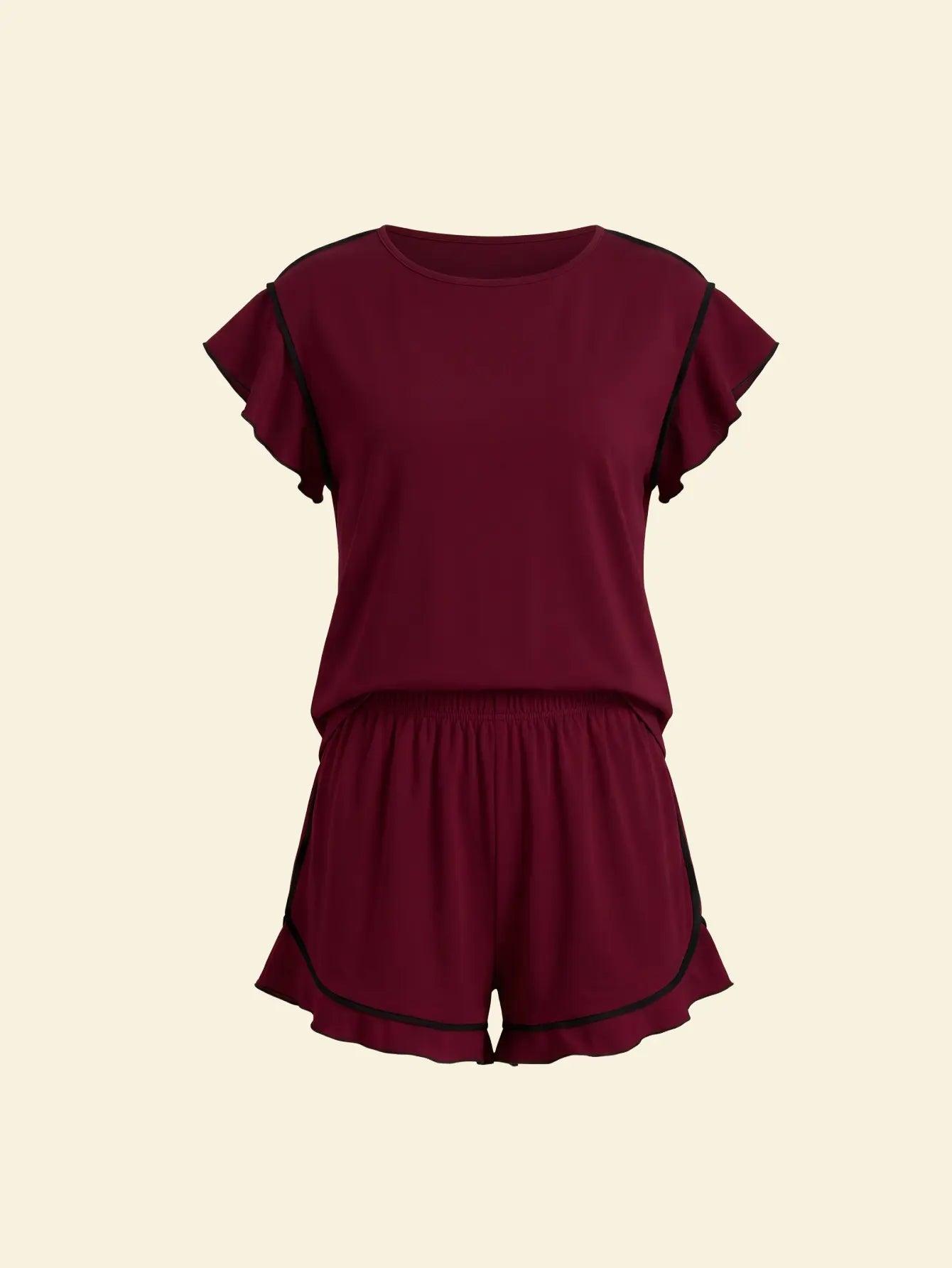 SHEIN Contrast Red Pajama Set with Ruffled Hem for Women