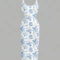 SHEIN EZwear Bodycon Maxi Dress with Vintage Floral Print in Blue and White