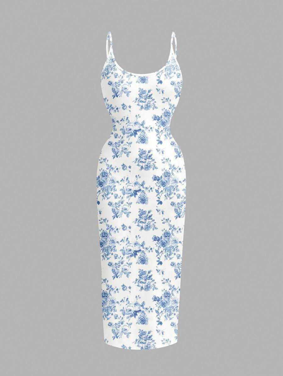 SHEIN EZwear Bodycon Maxi Dress with Vintage Floral Print in Blue and White