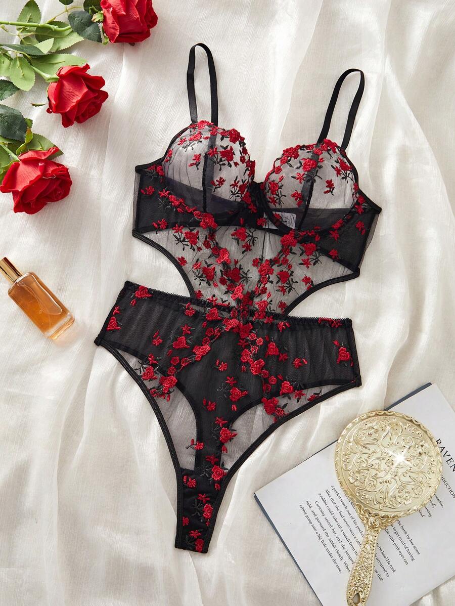 SHEIN New Spring/Summer Lingerie Set, Floral Tulle Bodysuit