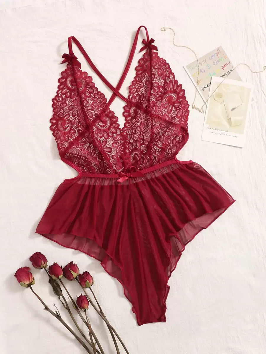 SHEIN MAROON and GREEN Bodysuit with colorful embroidery and open back cross design