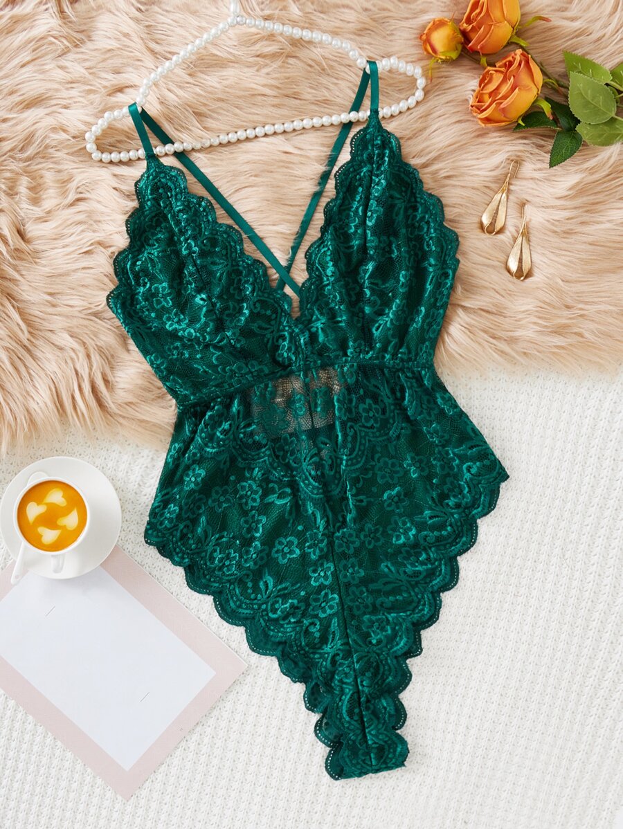 SHEIN Floral Lace Teddy Bodysuit with Interlocking Bows at the Back