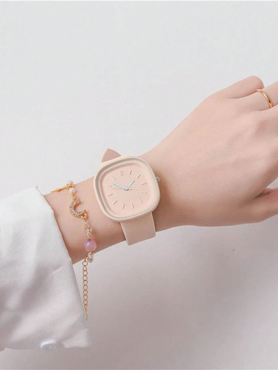Student gift set with a square quartz watch and a creamy jelly strap, INS design, 3 pieces in the set