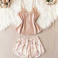 SHEIN Women's Floral Applique Satin Pajama Set