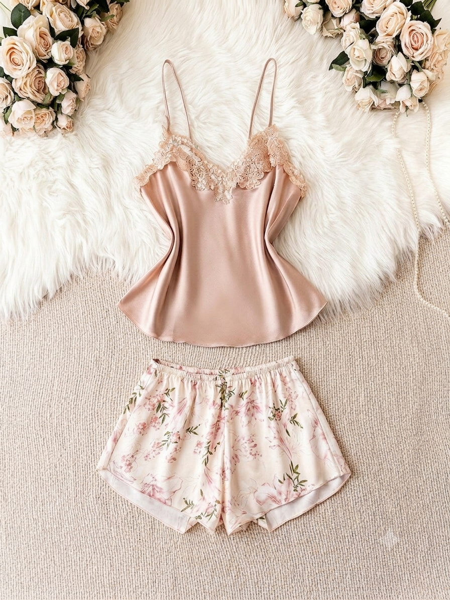 SHEIN Women's Floral Applique Satin Pajama Set