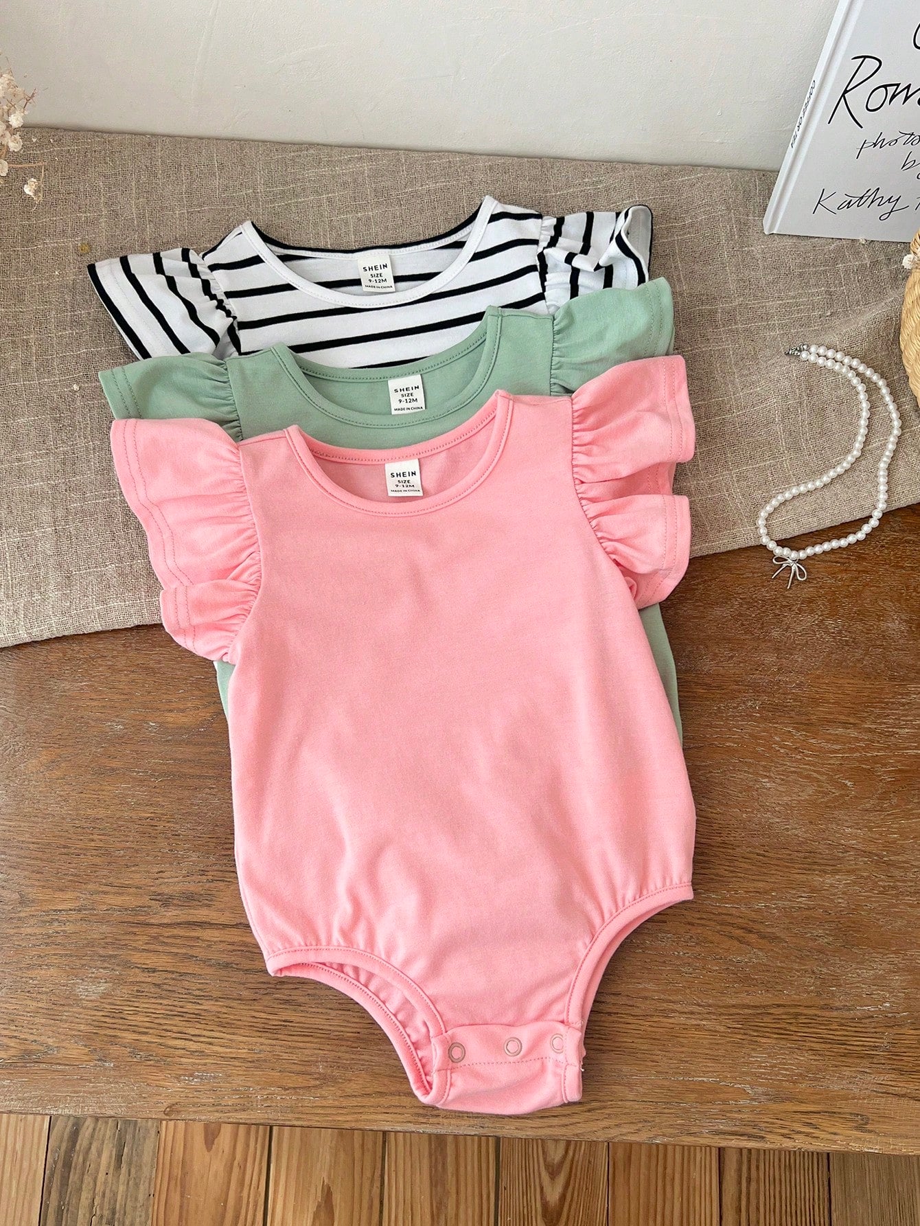 SHEIN LMoss Kids Multicolor 3pcs Newborn Baby Girl Cute Summer Knitted Striped Ruffle Bodysuit Set