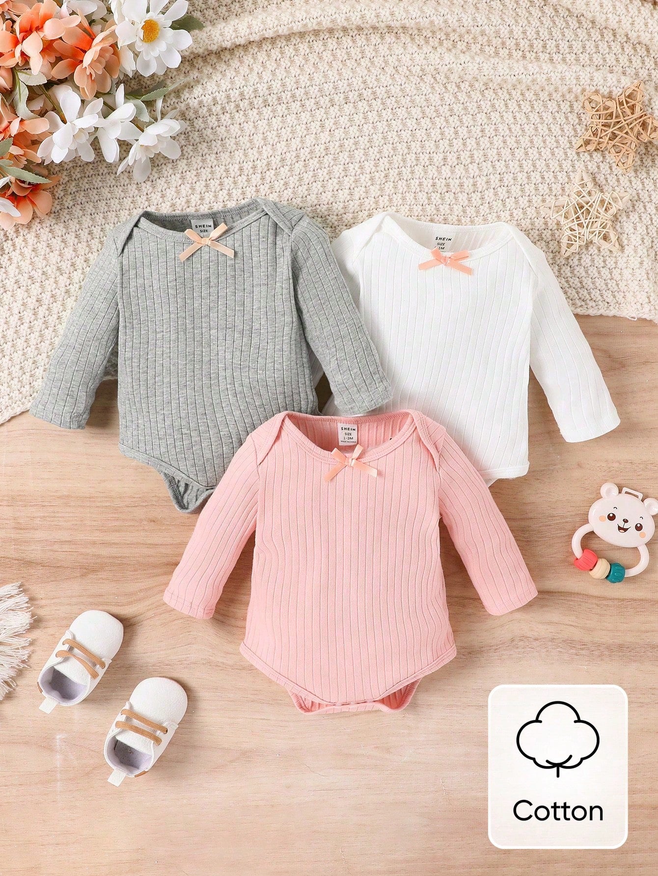 SHEIN Baby Girl 3pcs Ribbed Knit Bow Front Bodysuit