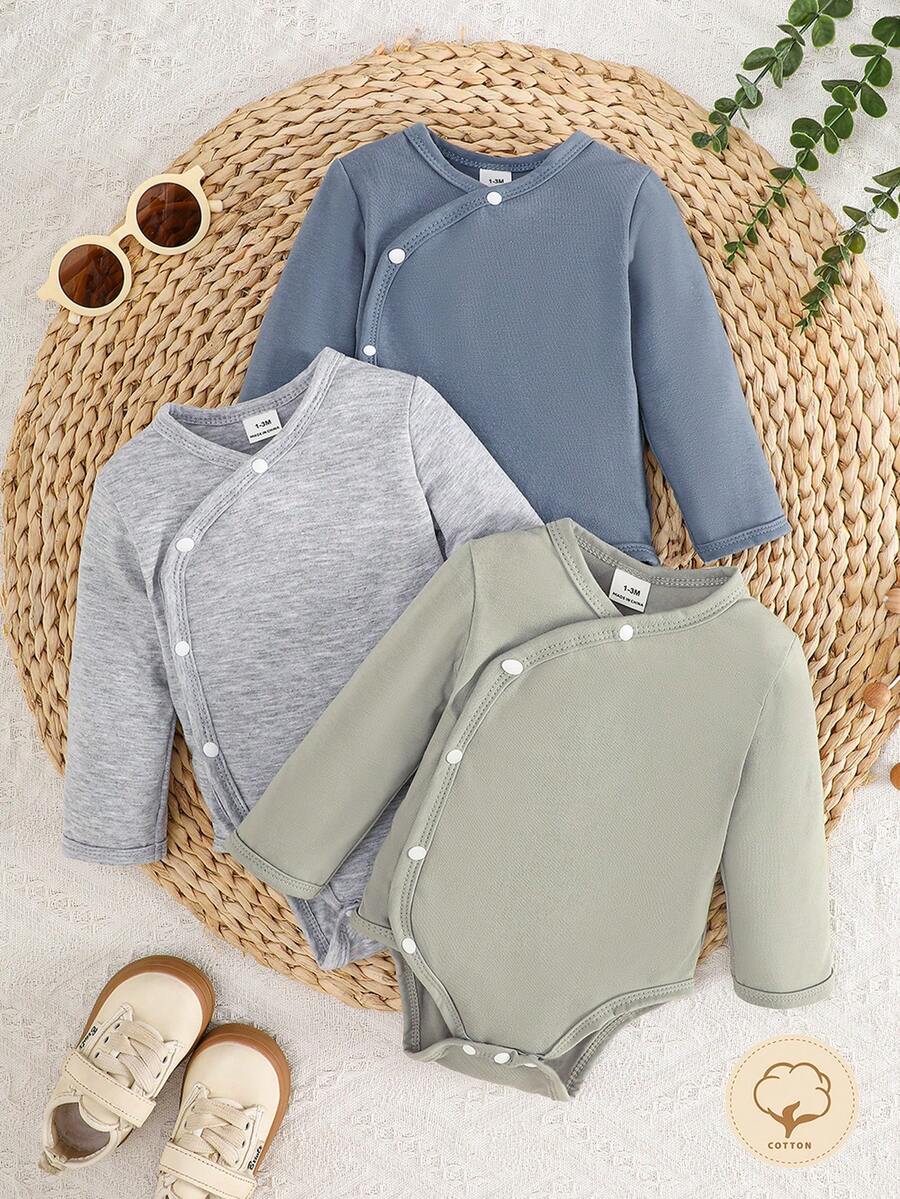 SHEIN Newborn Baby Multicolor Crossed Collar Long Sleeve Elastic Bodysuit