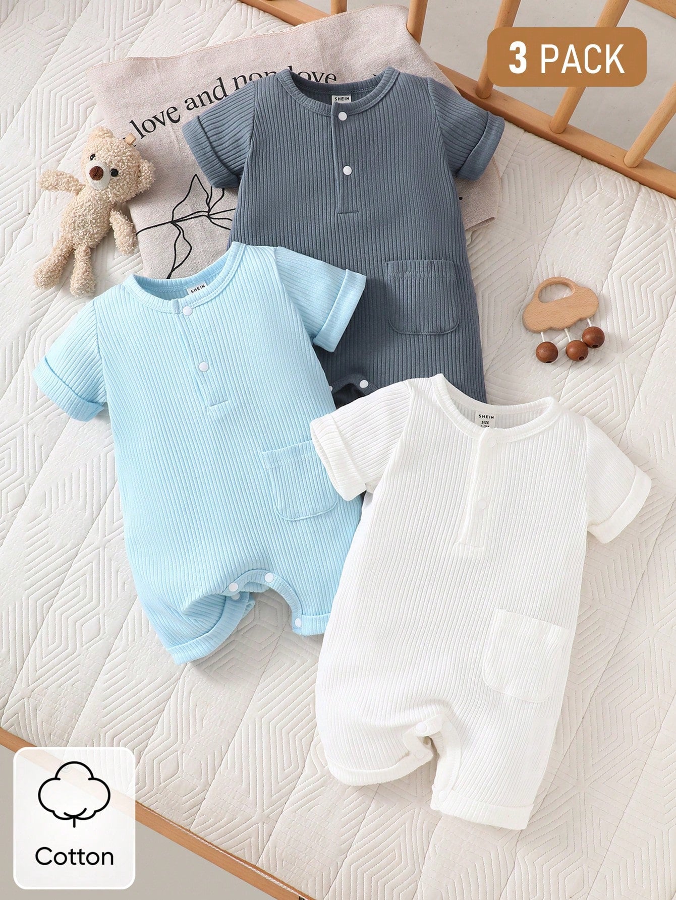 SHEIN 3pcs Newborn Baby Ribbed Short Sleeve Romper Set