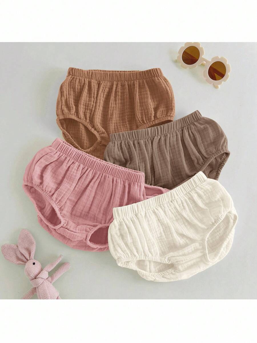SHEIN Loomiva 4pcs Newborn Unisex Solid Color Ruffle Hem Bubble Shorts Set