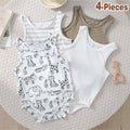 SHEIN Loomiva 4pcs/Set Cute Casual Knit Bodysuit For Baby Boys/Girls, Suitable For Summer Graphic Fall