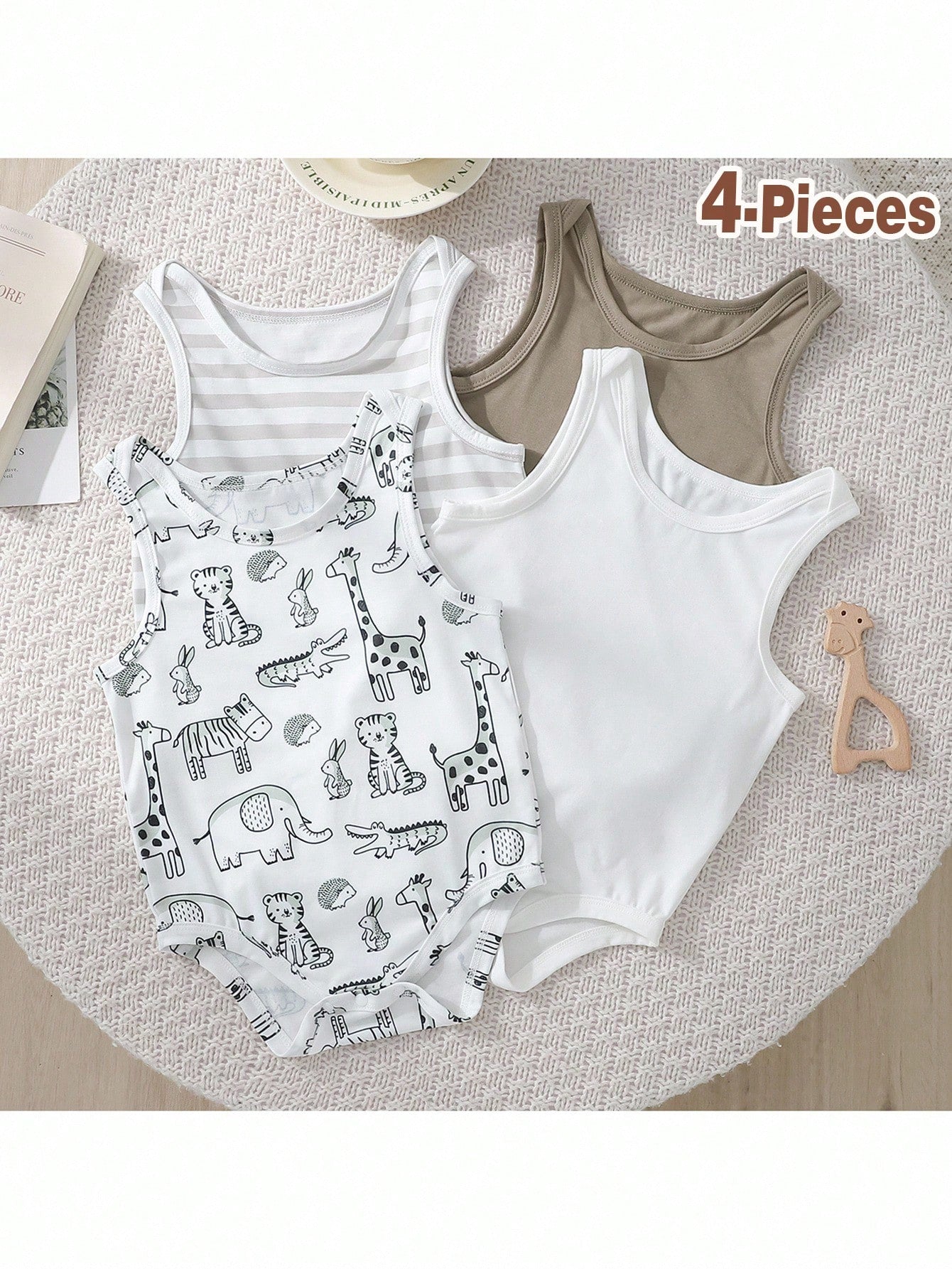 SHEIN Loomiva 4pcs/Set Cute Casual Knit Bodysuit For Baby Boys/Girls, Suitable For Summer Graphic Fall