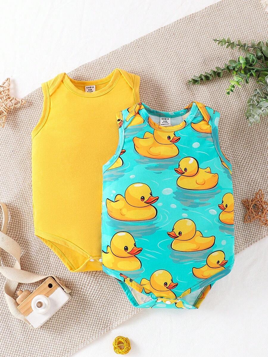SHEIN 2pcs Baby Boy Summer Casual Sleeveless Bodysuit