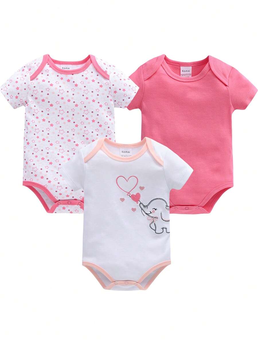 SHEIN Baby Girls' Summer Short Sleeve Elephant & Heart Print Bodysuit
