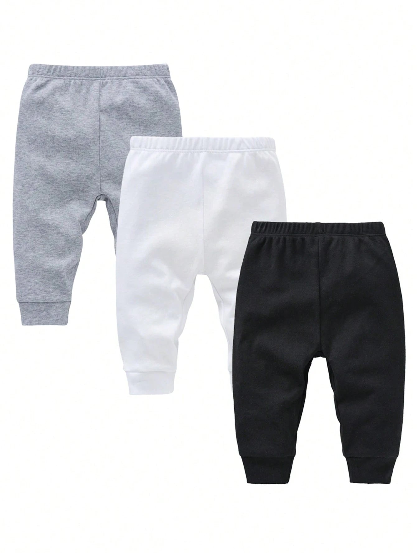 SHEIN 3pcs Baby Boy Elastic Waist Straight Leg Pants, Black/White/Gray