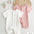 SHEIN Playful Pals 2pcs Newborn Baby Girl Bow Front Ribbed Short Sleeve Jumpsuit Set