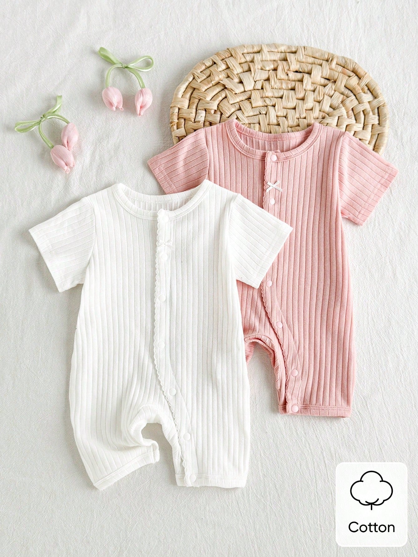 SHEIN Playful Pals 2pcs Newborn Baby Girl Bow Front Ribbed Short Sleeve Jumpsuit Set