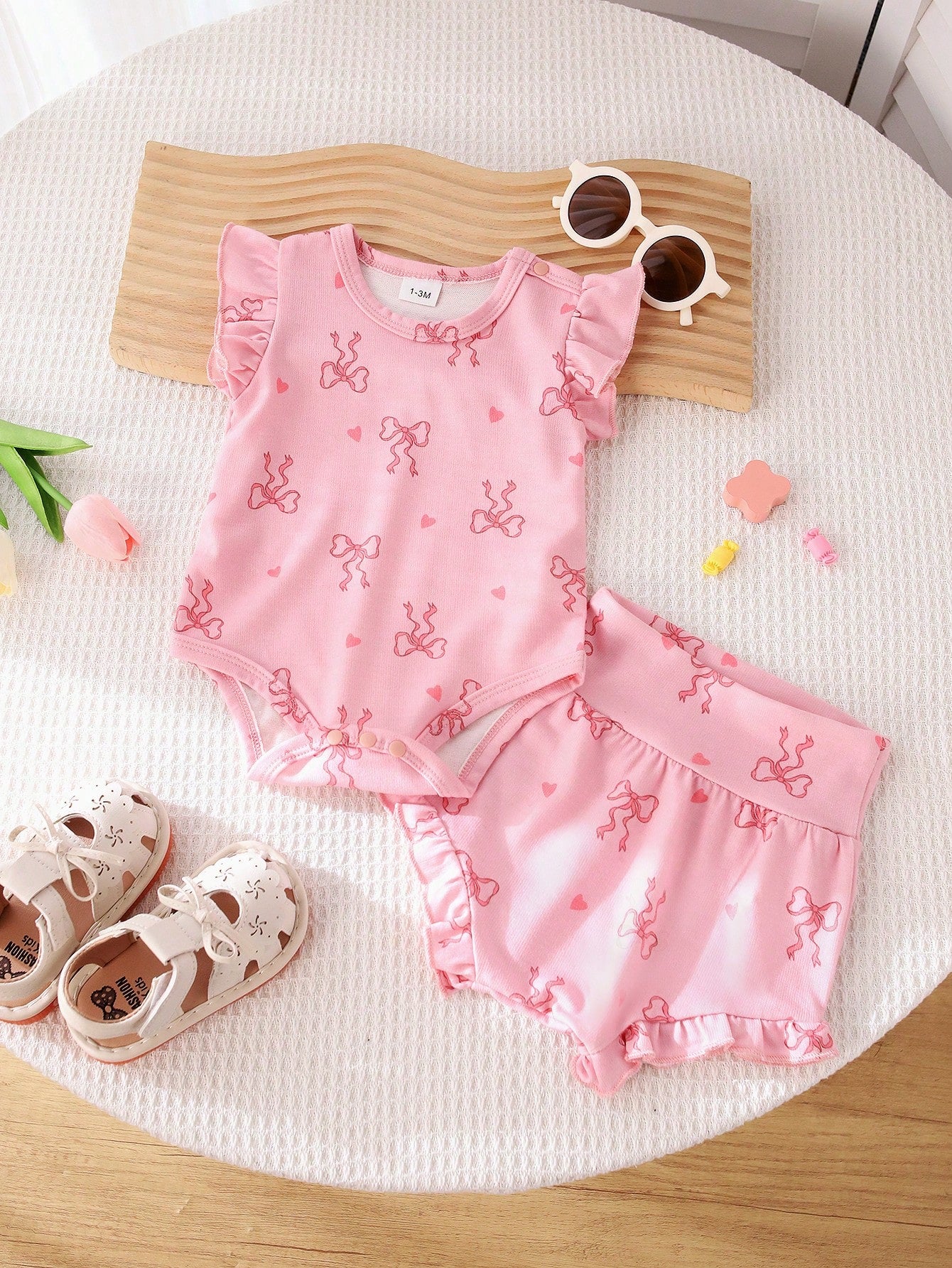 SHEIN 2pcs Girls Summer Off-Shoulder Bowknot Bodysuit with High Waist Briefs Set