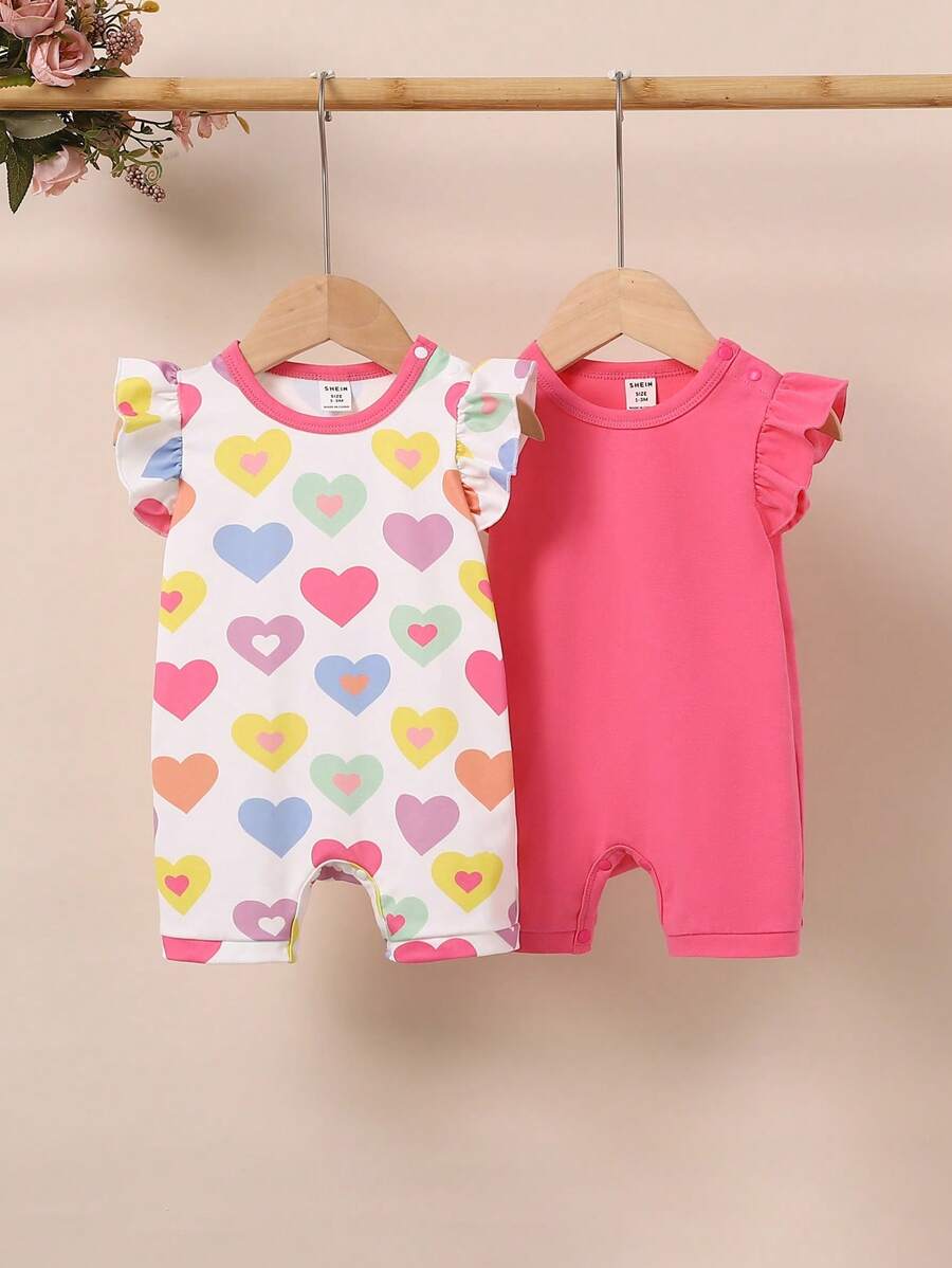 SHEIN 2pcs Baby Girl Summer Cap Sleeve Heart Print Round Neck Romper Set