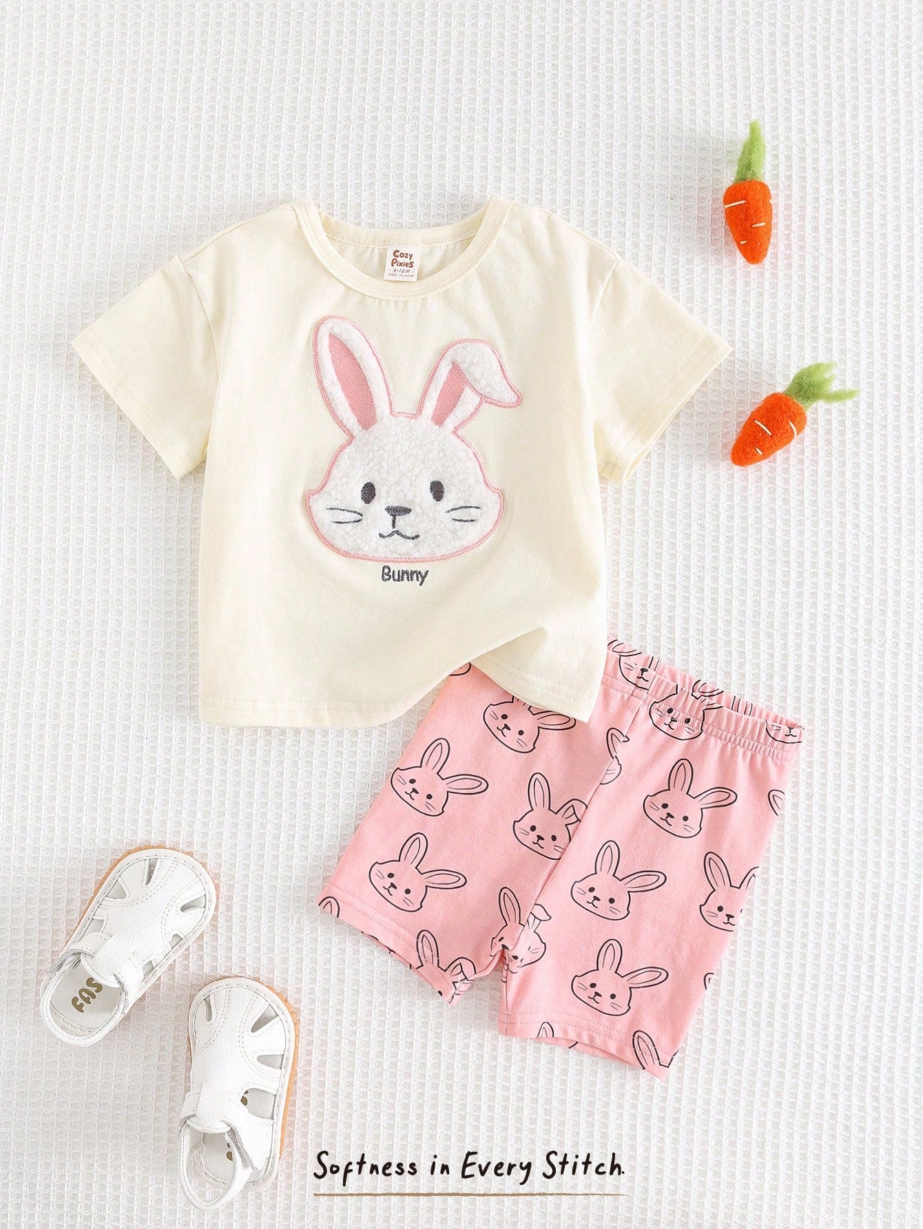 SHEIN Cozy Pixies 2pcs Baby Girl Rabbit Print Knitted Short Sleeve Top & Shorts Set