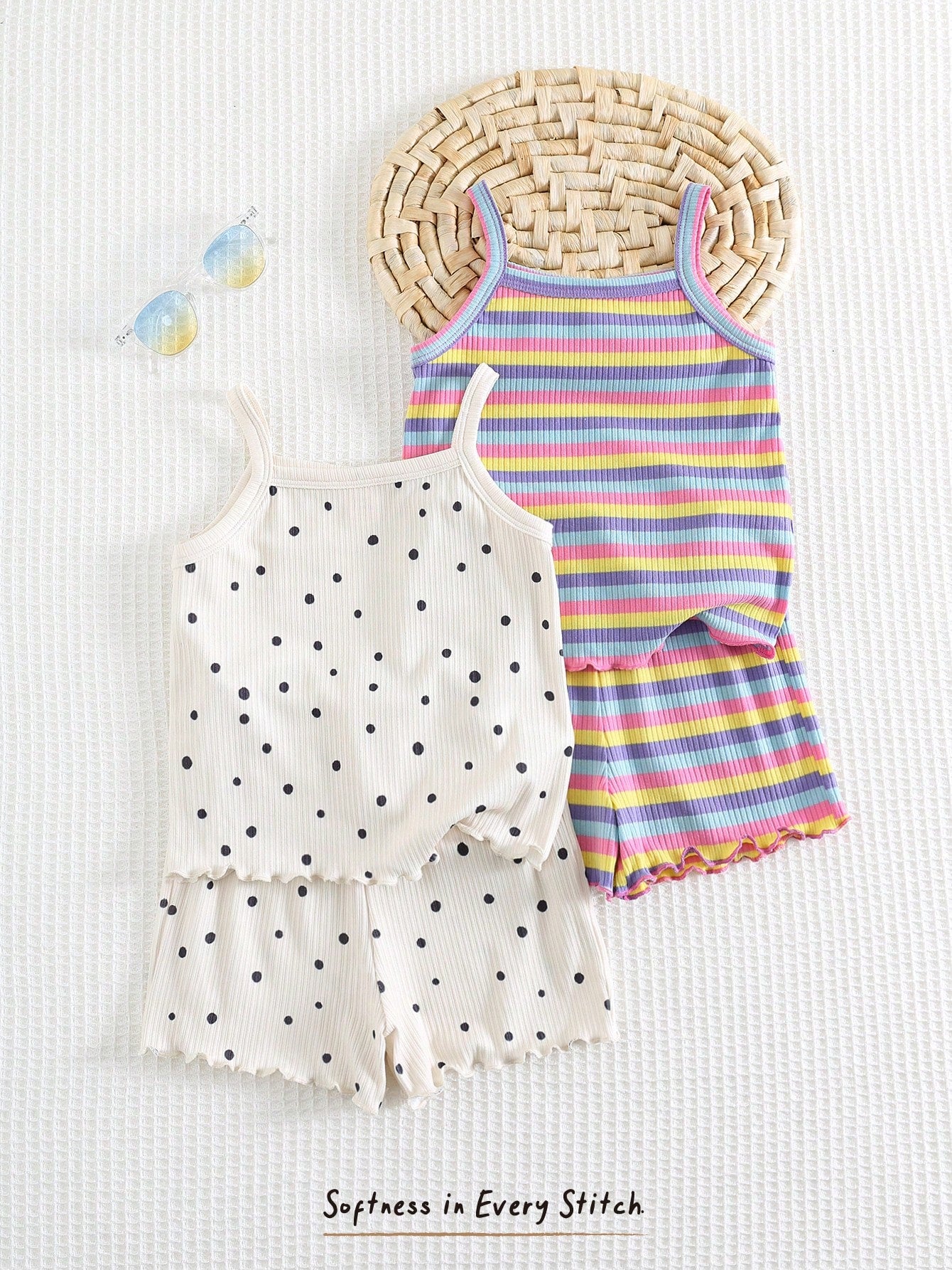 SHEIN Cozy Pixies 4pcs Baby Girl Valentine's Day Heart Polka Dot & Striped Knit Top & Shorts Set