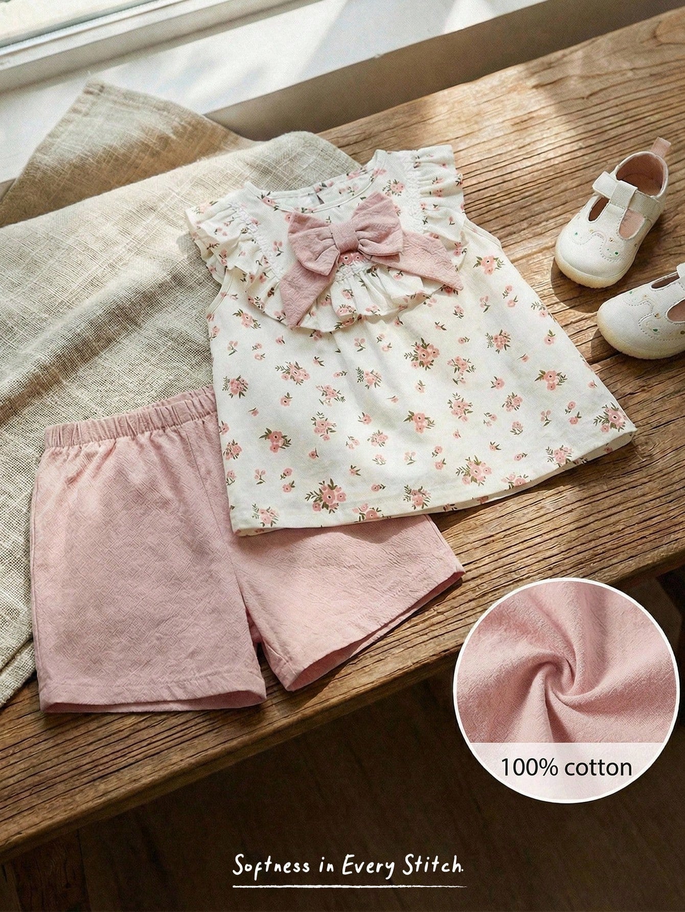 SHEIN Cozy Pixies Baby Girl Floral Print Bow Front Ruffle Trim Top & Shorts