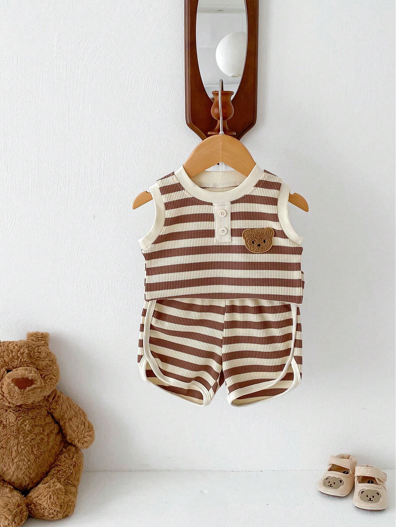 SHEIN Baby Boy Back-to-School Striped Bear Sleeveless Top and Pants Set