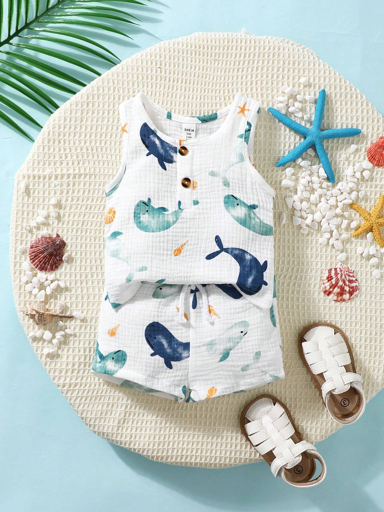SHEIN 2pcs Baby Boys Lovely Whale Print Casual Short Sleeve Outfit