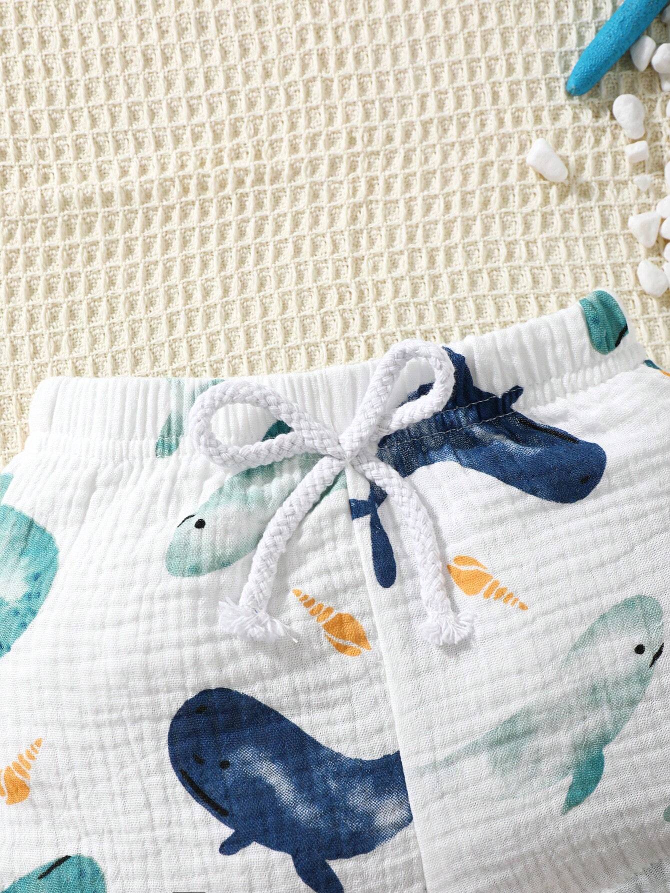 SHEIN 2pcs Baby Boys Lovely Whale Print Casual Short Sleeve Outfit