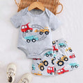 SHEIN Baby Boys Cartoon Car Print Bodysuit and Shorts Summer Set