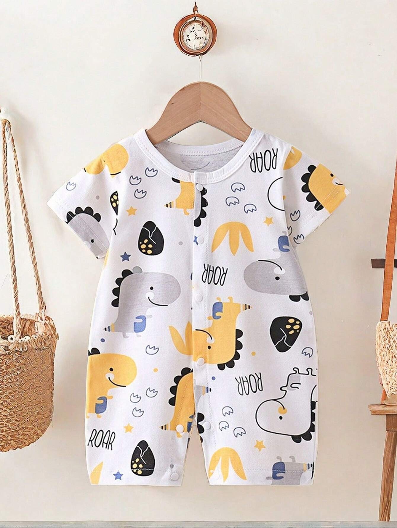 SHEIN Baby Boy Short Sleeve Dinosaur Park Print Romper One-Piece Outfit