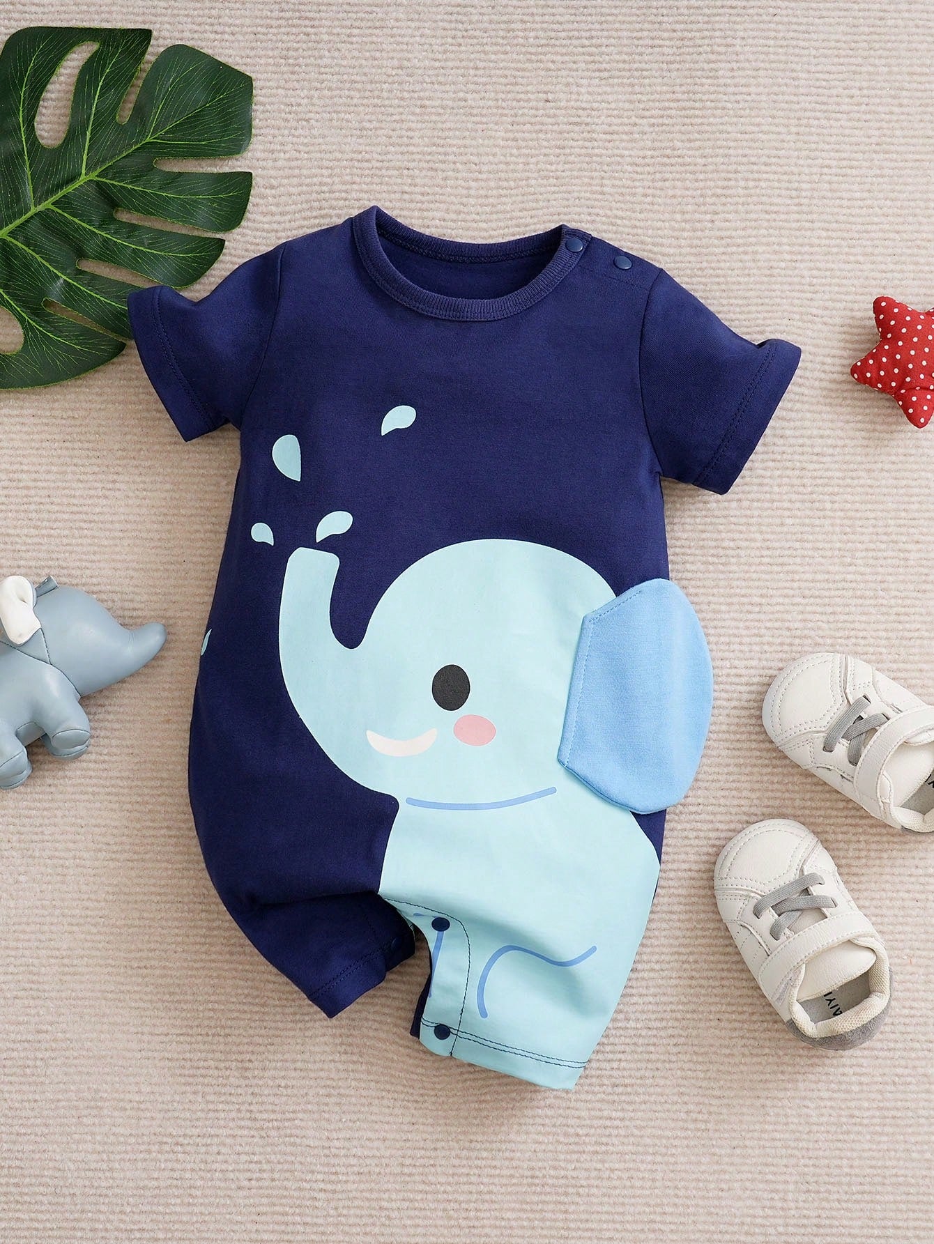 SHEIN Yierying Baby Boy Casual Elephant Graphic Summer Jumpsuit Comfortable Outdoor Outfit